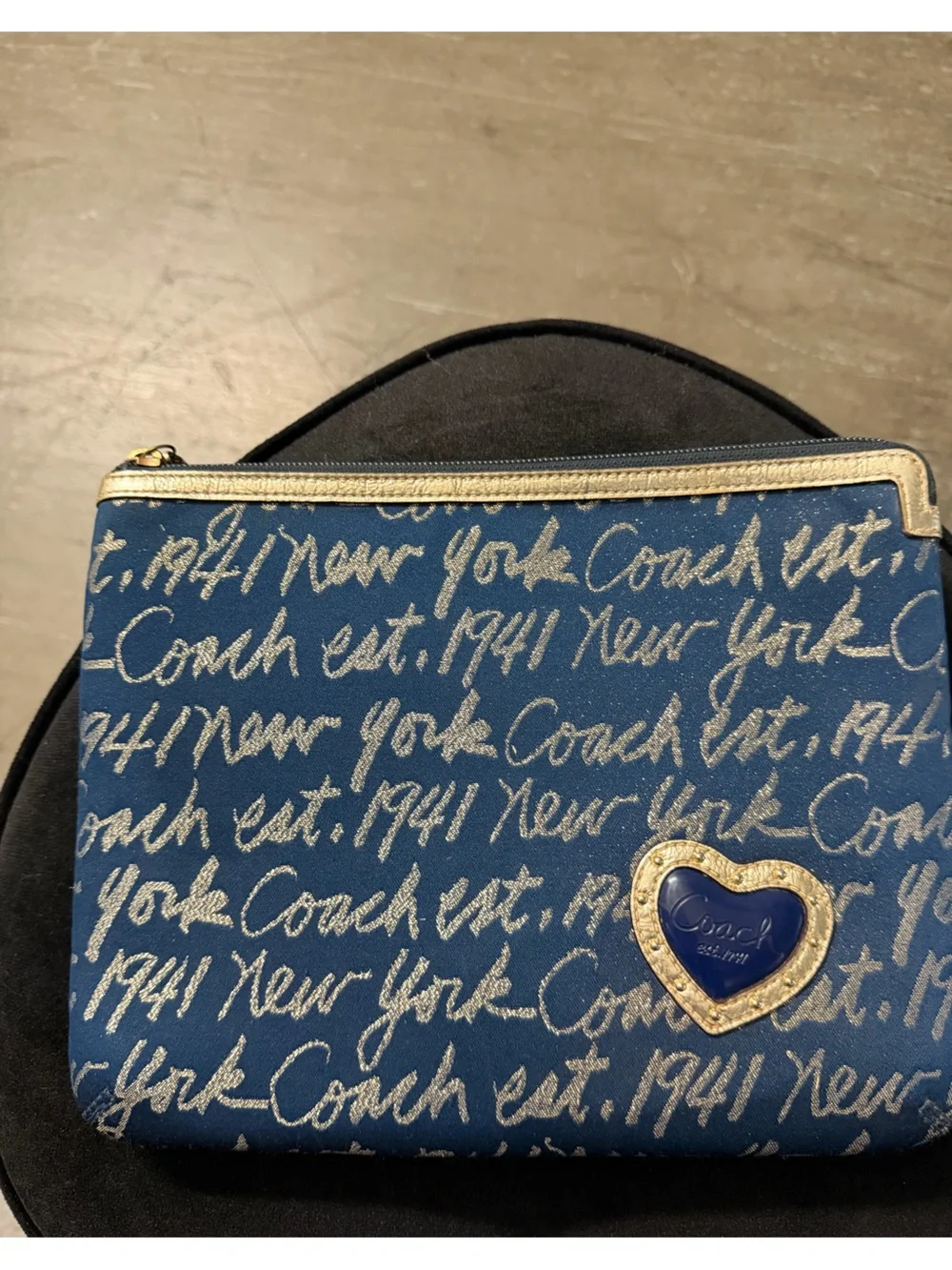 Coach Poppy Blue Script Heart Zip Pouch with Gold Trim